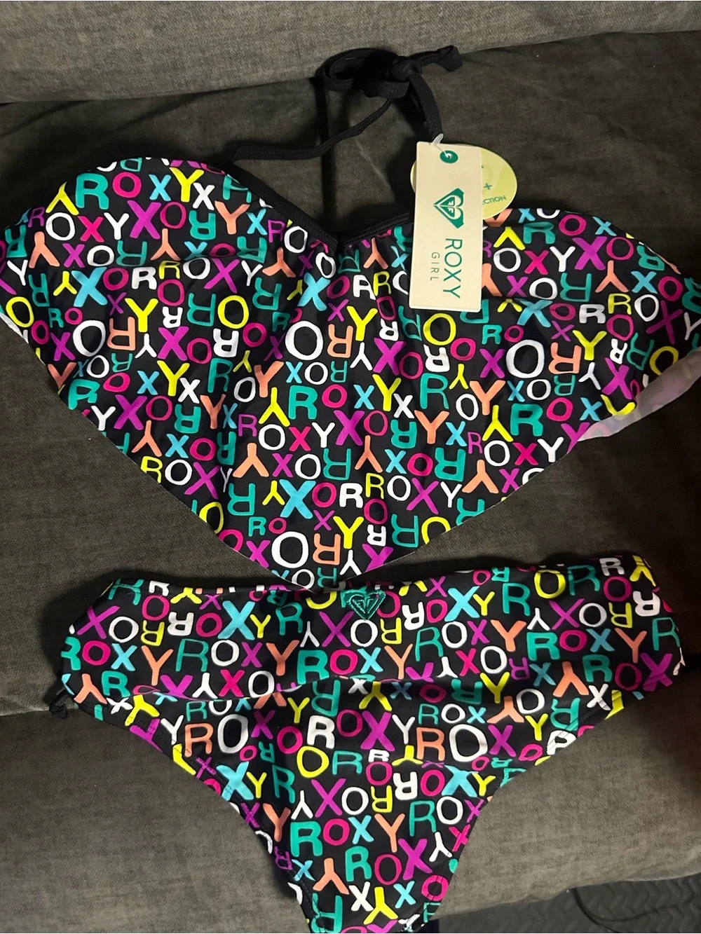 Roxy Black Bikini Set with Multicolor Logo Print